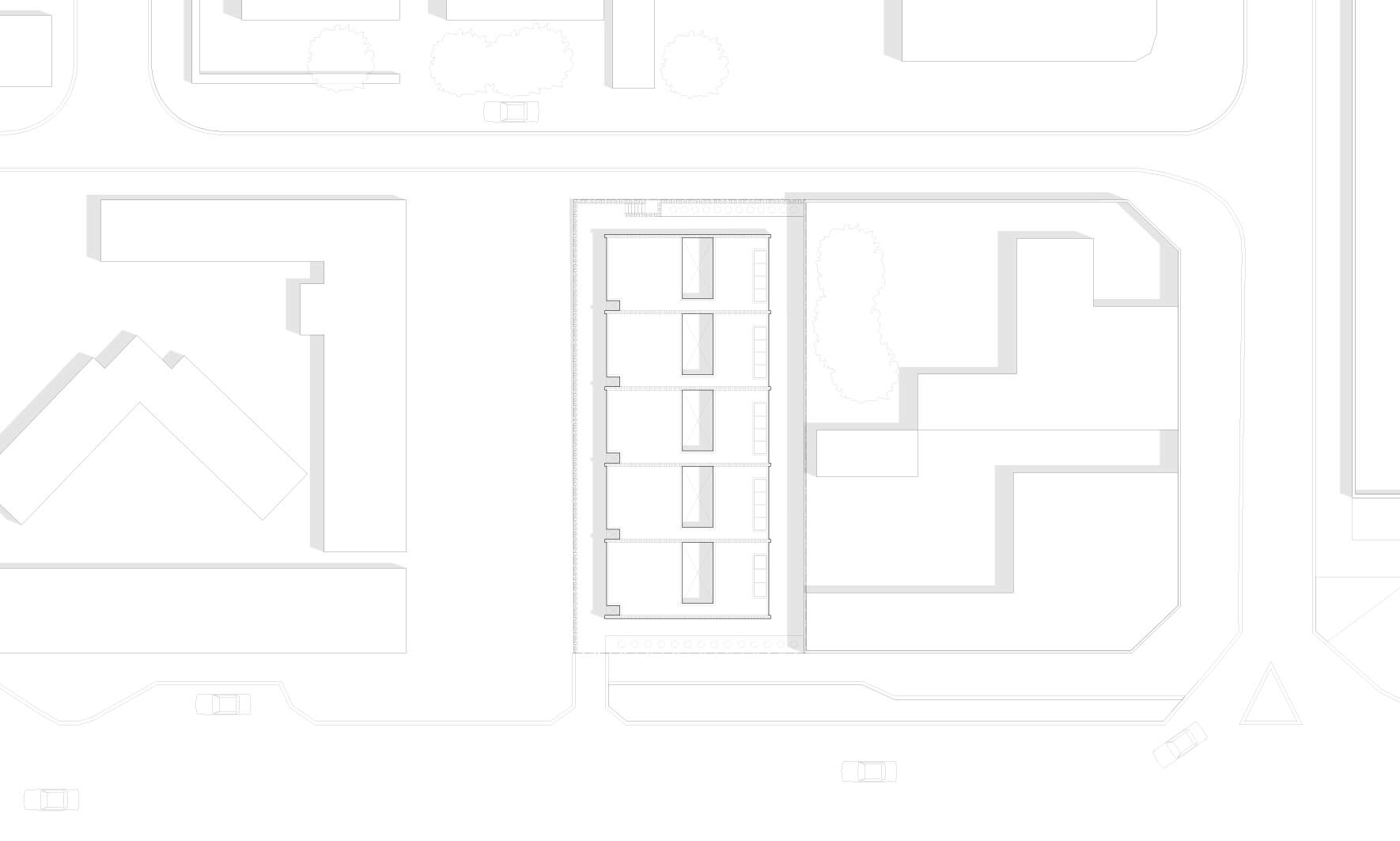 Zoomed In Roof Plan showing the surrounding buildings and streets